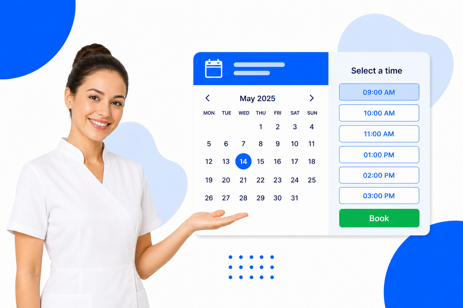 A Spas booking page with selectable time slots and a book button