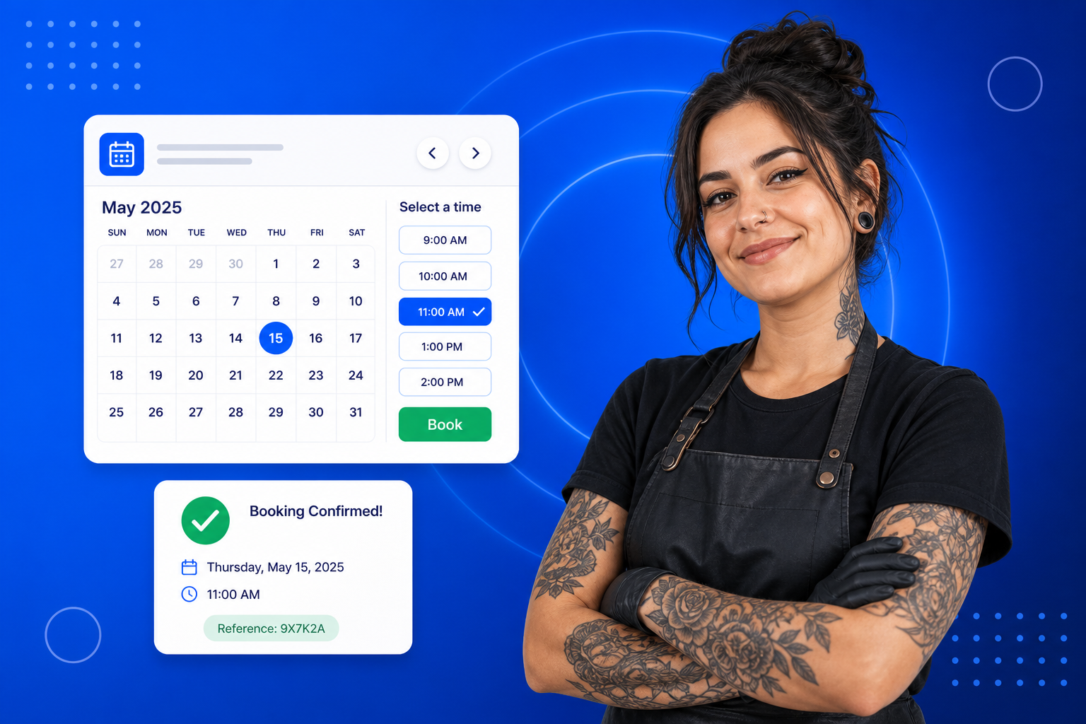 Tattoo Booking Software shown on a phone with a calendar, available time slots and a confirmed booking