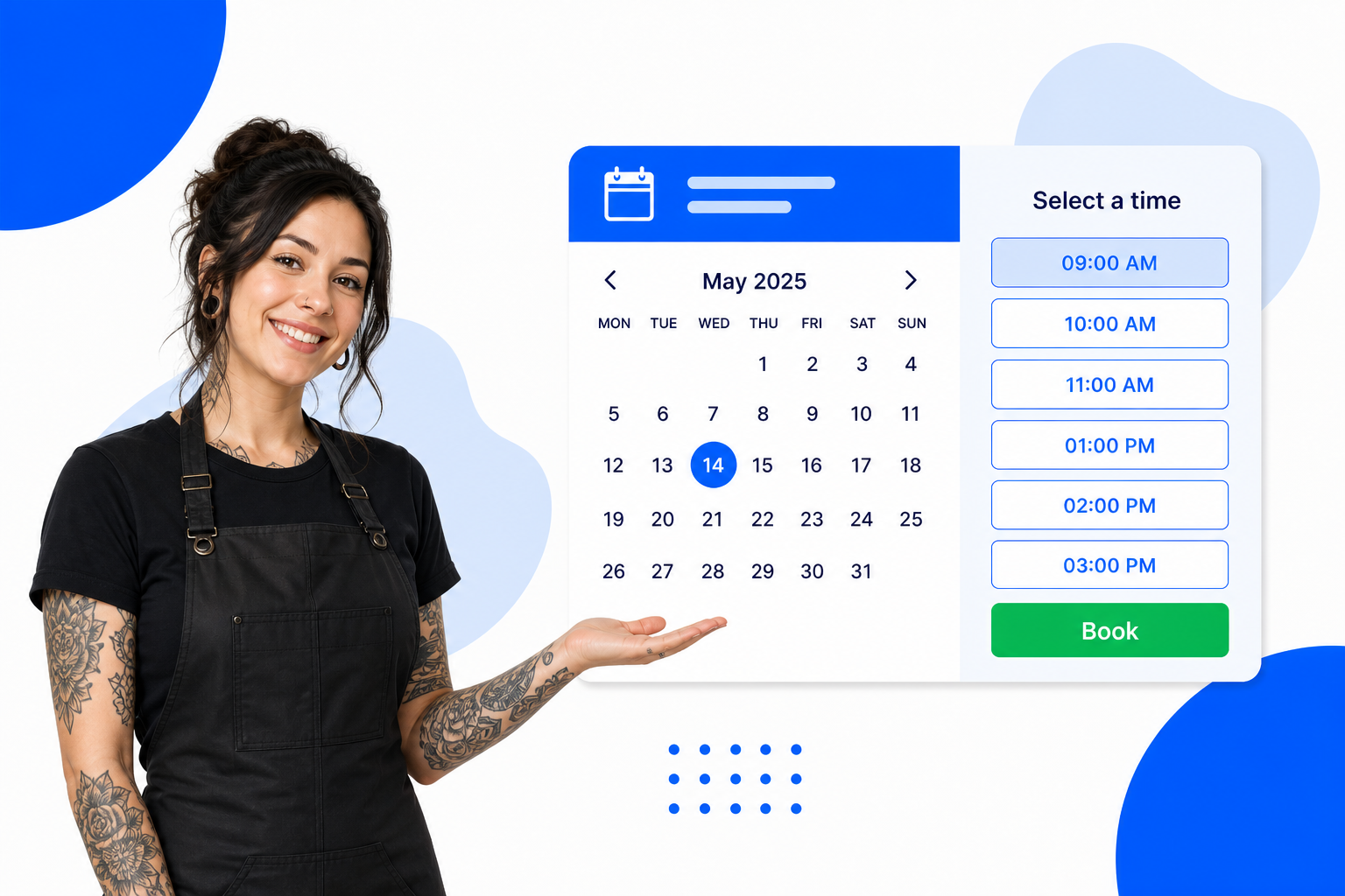 A Tattoo Artists booking page with selectable time slots and a book button