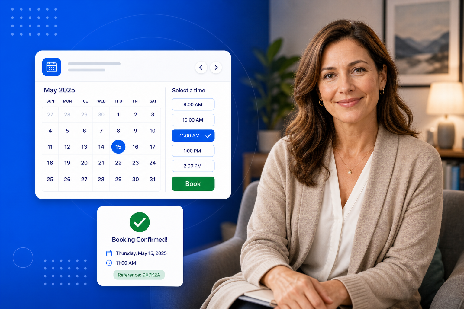 Therapy & Counseling Scheduling Software shown on a phone with a calendar, available time slots and a confirmed booking