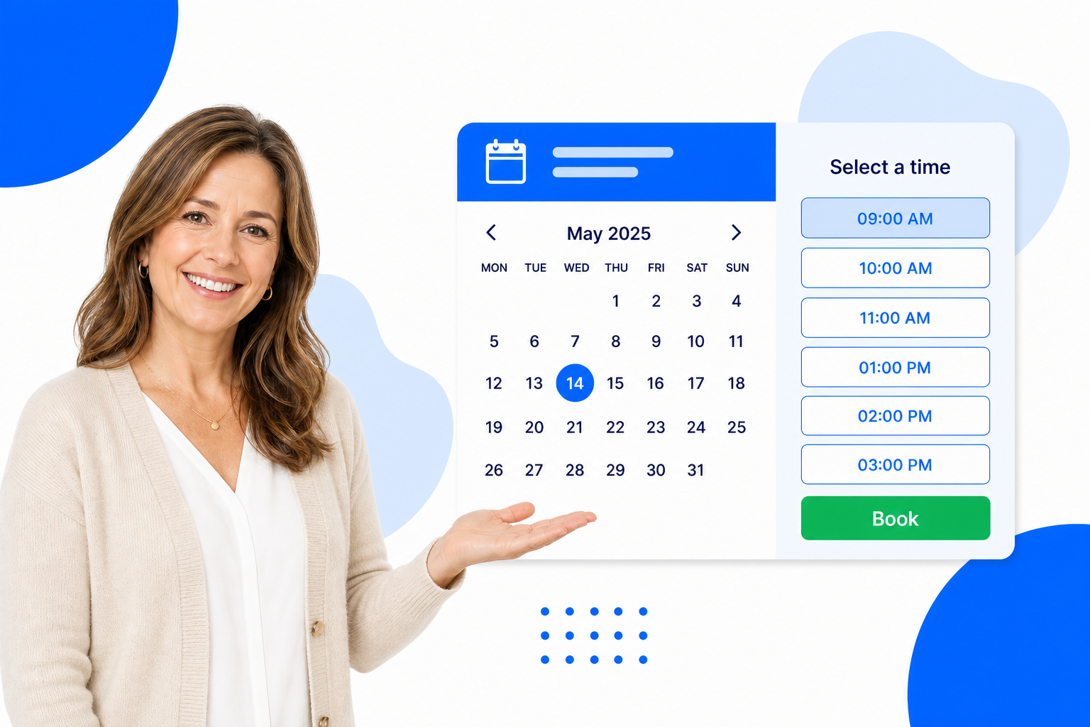 A Therapists booking page with selectable time slots and a book button