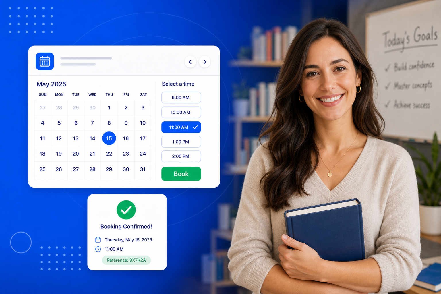 Tutoring Scheduling Software shown on a phone with a calendar, available time slots and a confirmed booking
