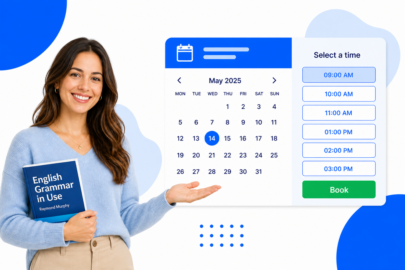 A Tutors booking page with selectable time slots and a book button