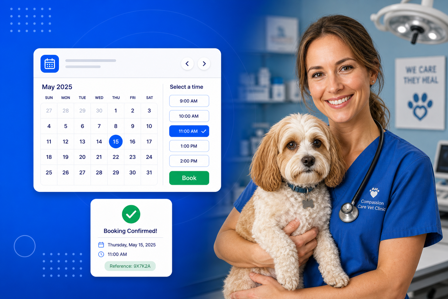 Veterinary Scheduling Software shown on a phone with a calendar, available time slots and a confirmed booking