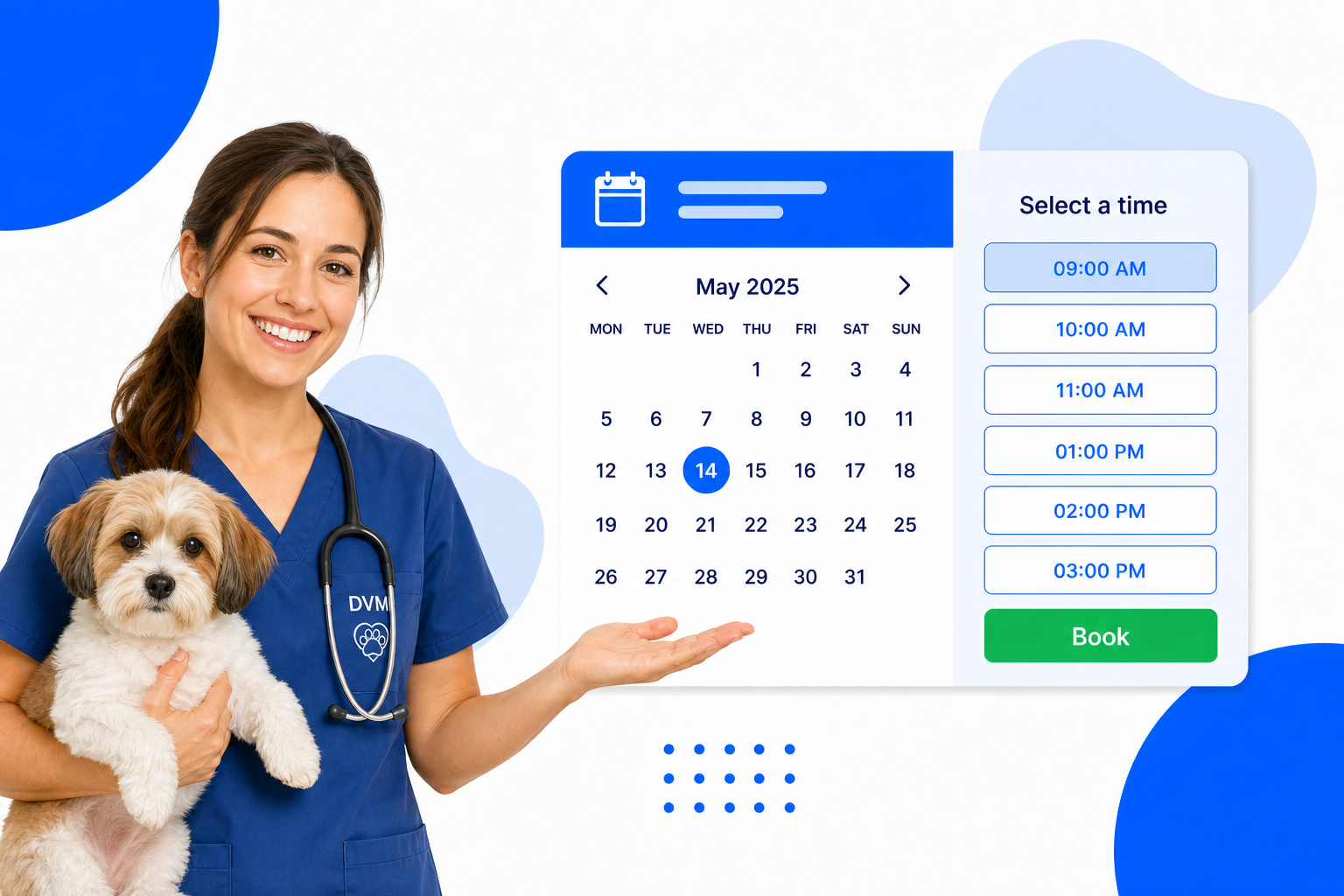 A Veterinary Clinics booking page with selectable time slots and a book button