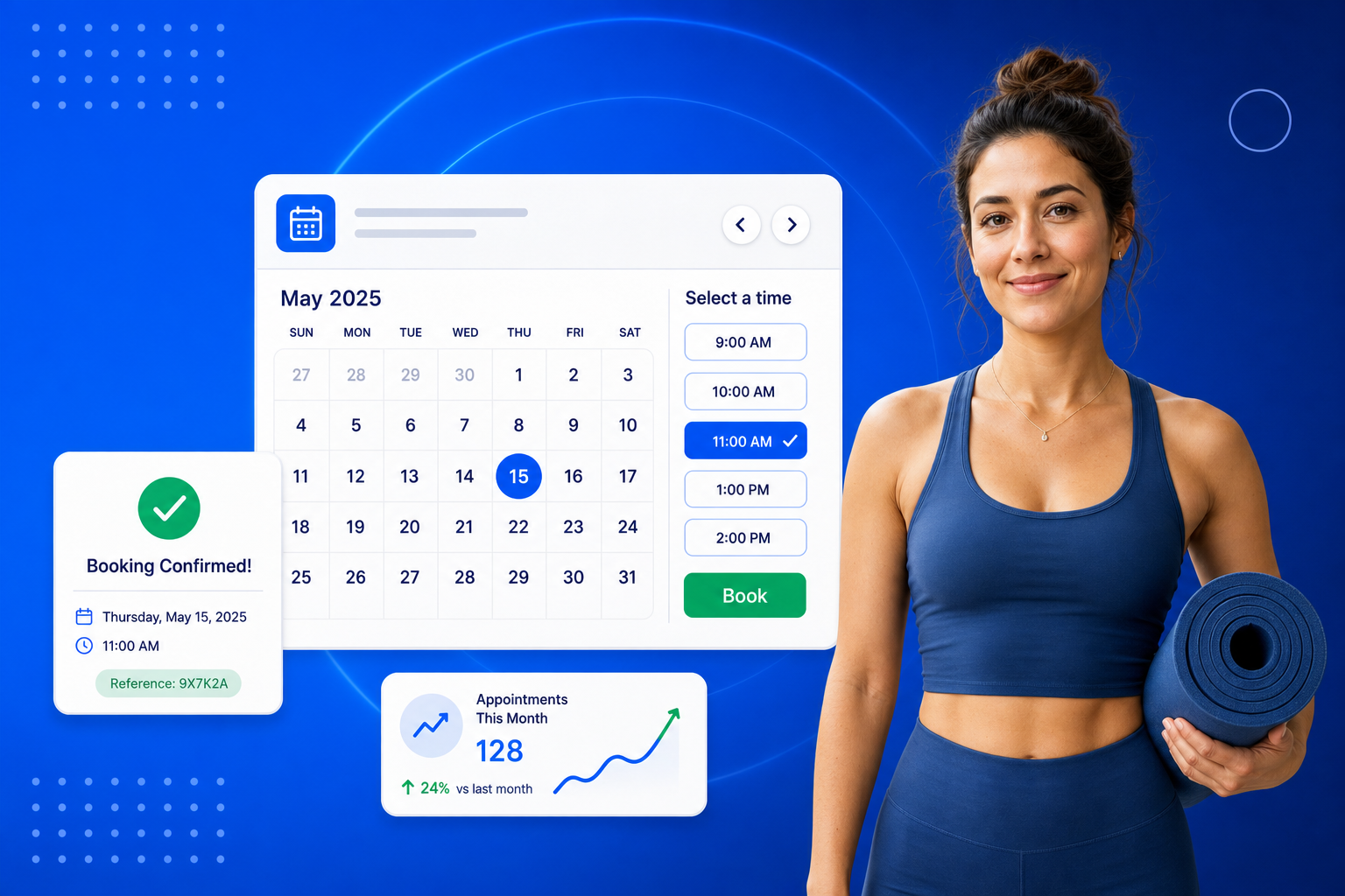 Yoga Studio Booking Software shown on a phone with a calendar, available time slots and a confirmed booking