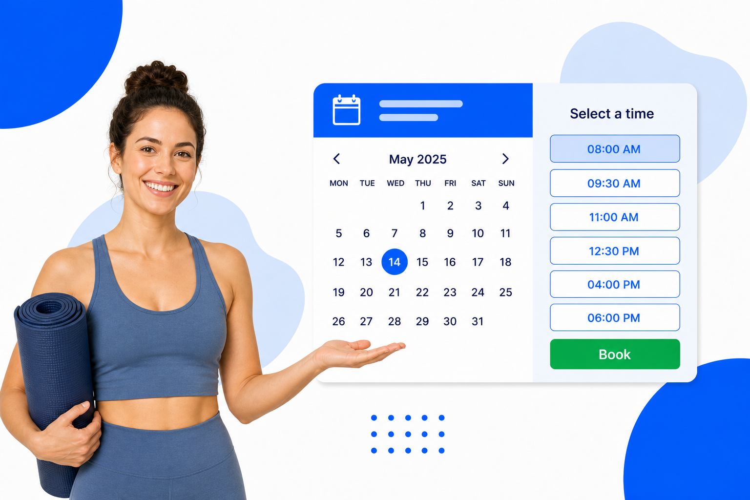 A Yoga Studios booking page with selectable time slots and a book button