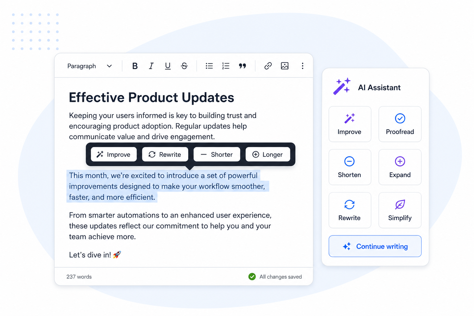 The blog editor with a highlighted passage, an inline AI toolbar and an AI assistant side panel