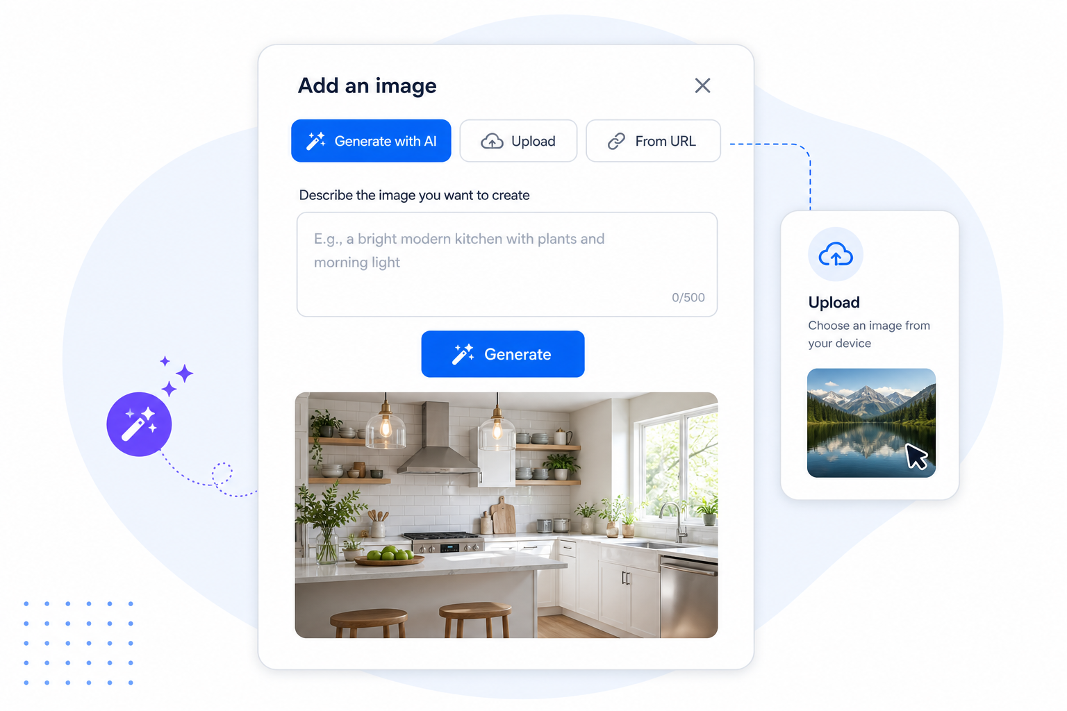 The add-image dialog generating an on-brand photo from a text prompt, with upload and URL options