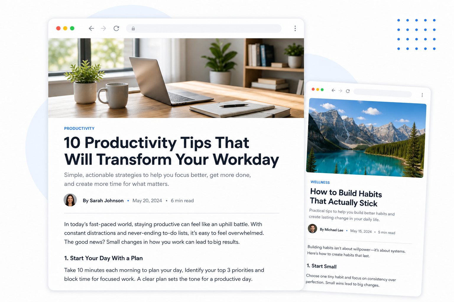 A polished published blog post shown in a browser, with a cover photo, headline and formatted article