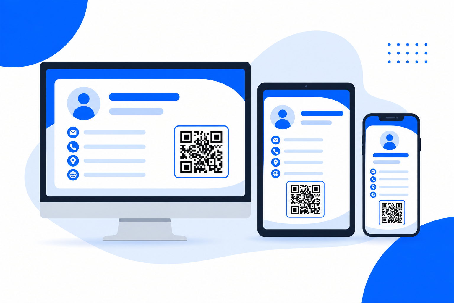 A digital business card shown on phone, tablet and laptop