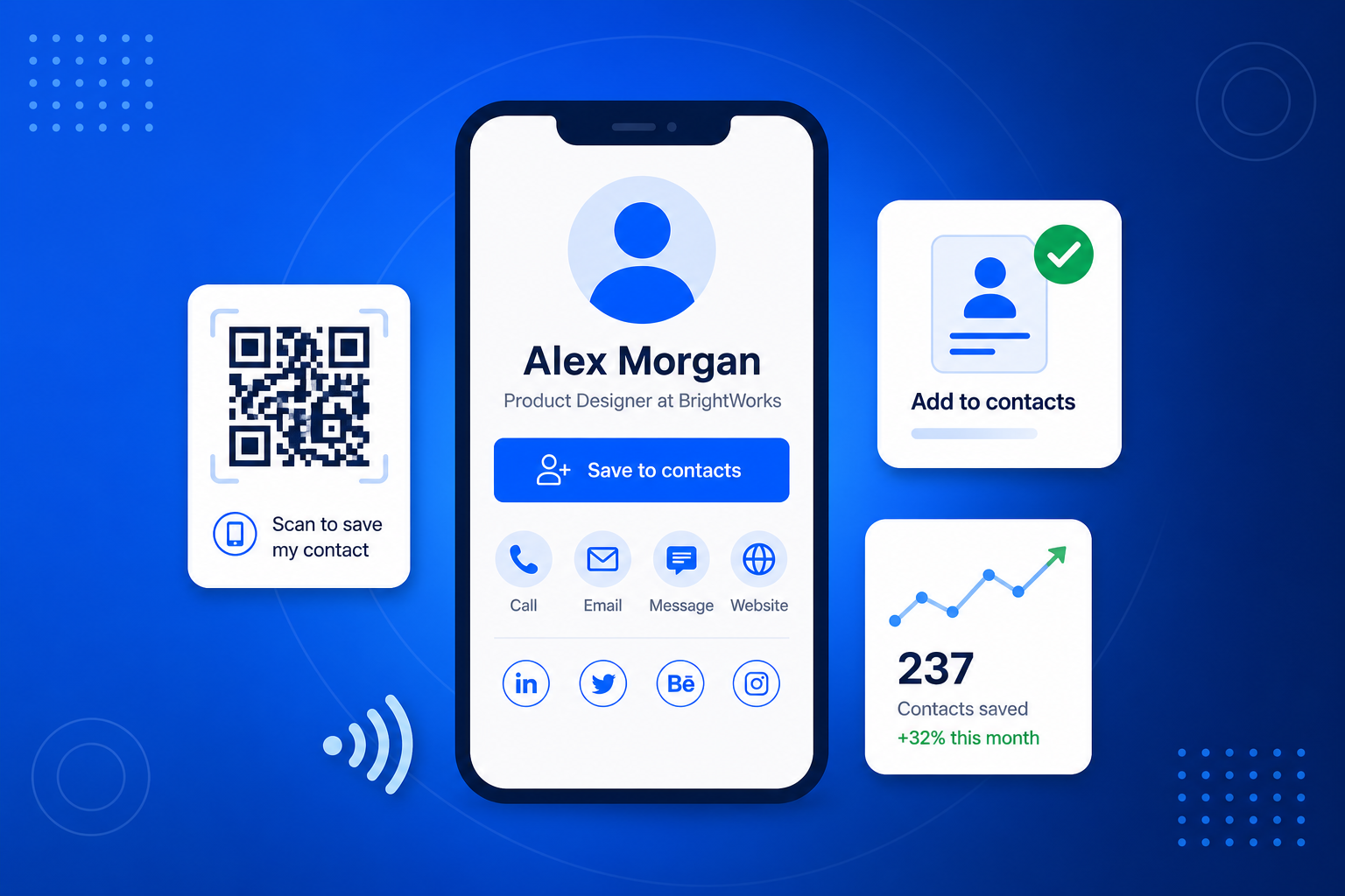 A digital business card shown on a phone with an avatar, contact details and a QR code