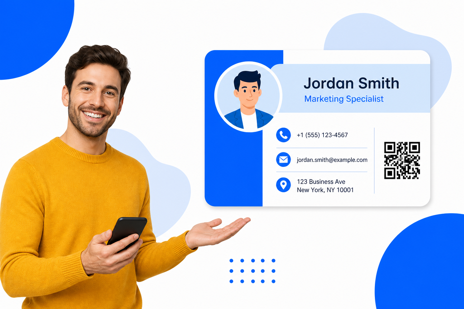 A professional sharing a digital business card from their phone to another phone