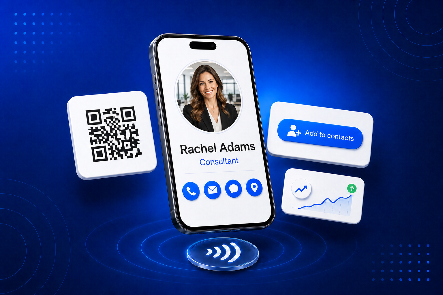 A digital business card for Consultants shown on a phone with contact details and a QR code