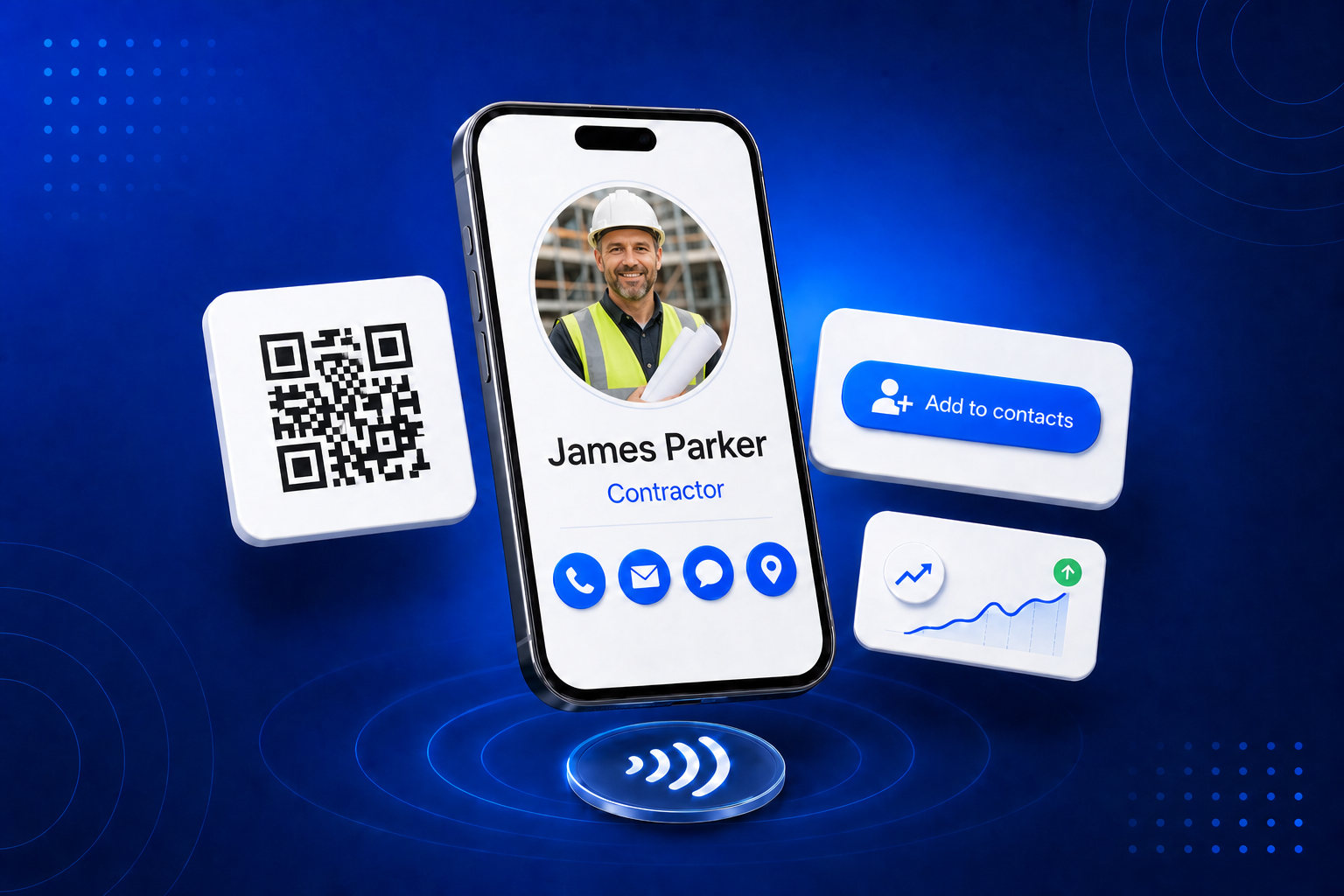 A digital business card for Contractors shown on a phone with contact details and a QR code