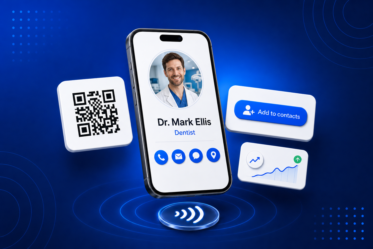 A digital business card for Dentists shown on a phone with contact details and a QR code