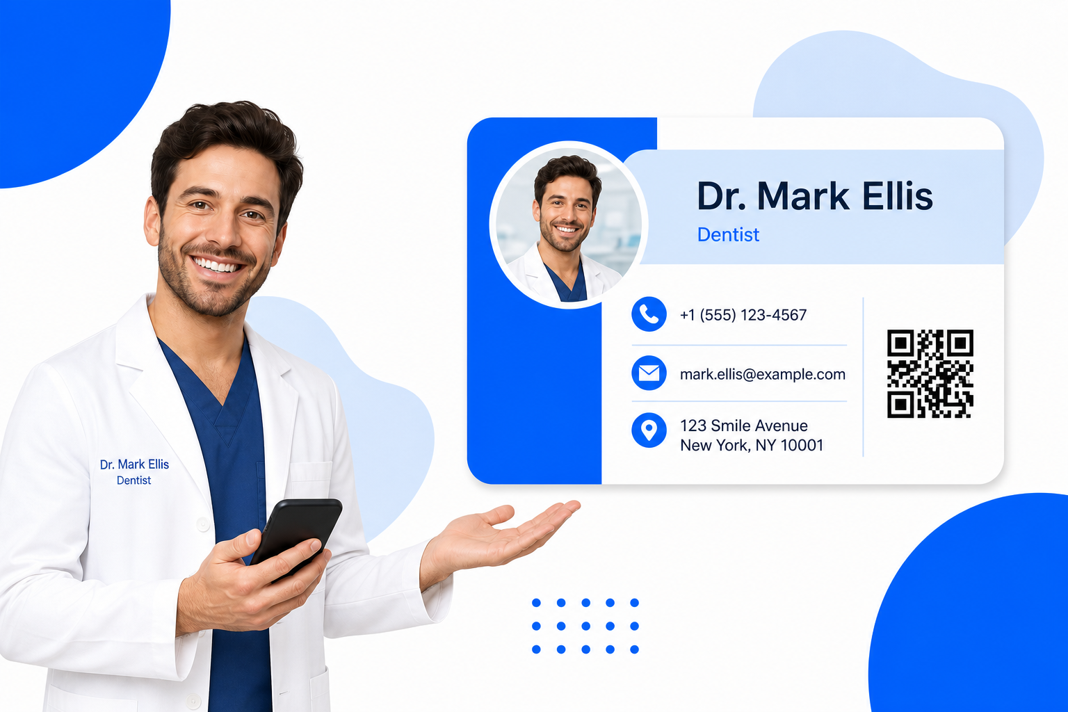 A Dentists sharing a digital business card from their phone