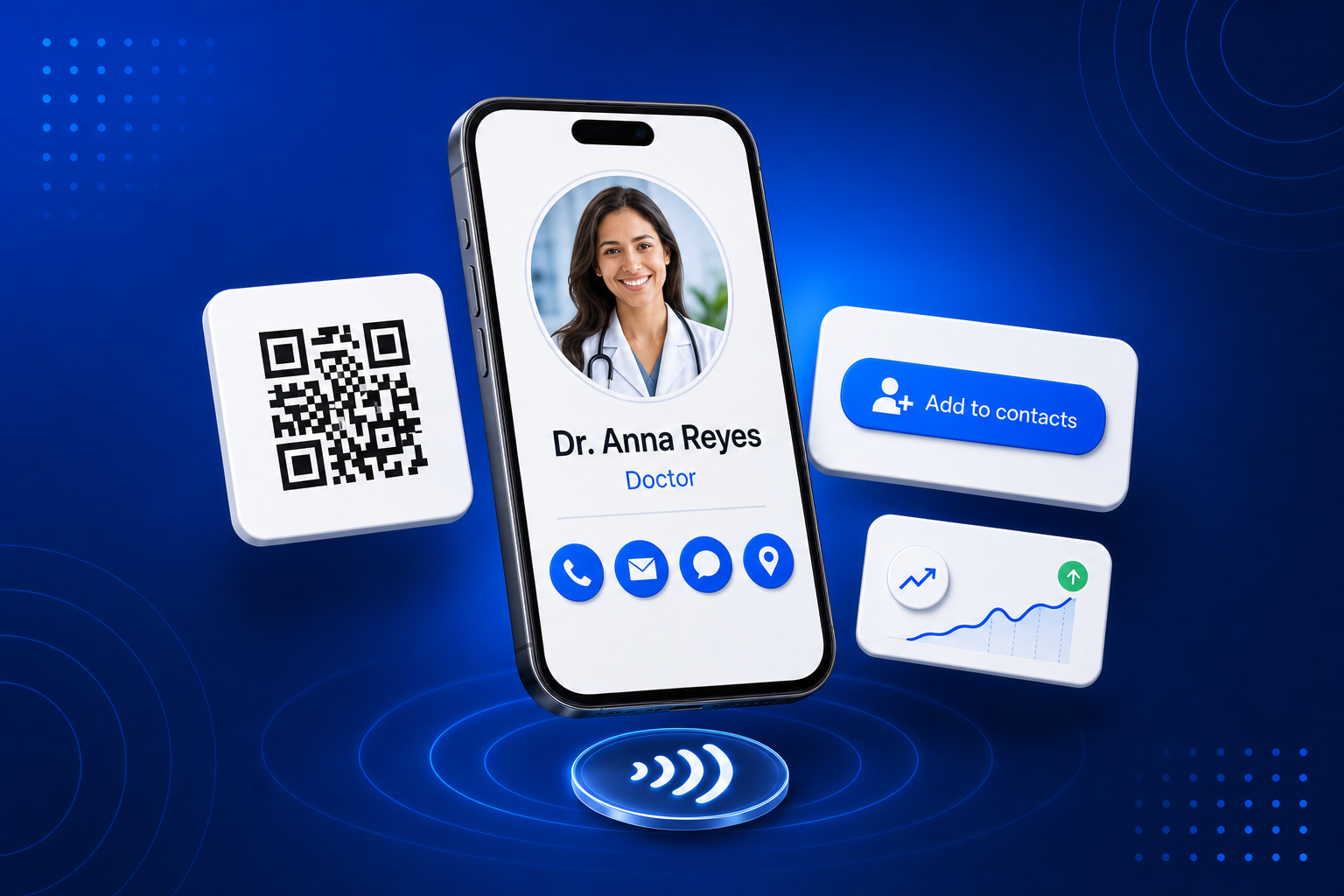 A digital business card for Doctors shown on a phone with contact details and a QR code