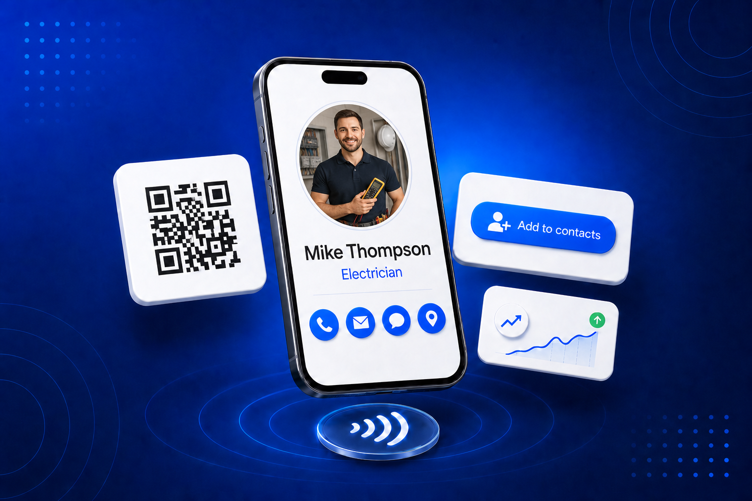 A digital business card for Electricians shown on a phone with contact details and a QR code