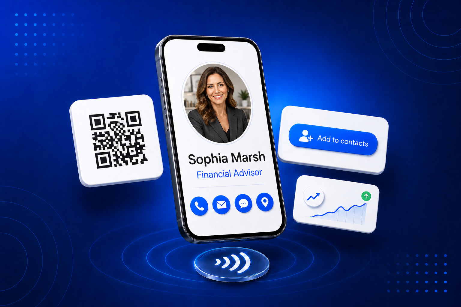 A digital business card for Financial Advisors shown on a phone with contact details and a QR code