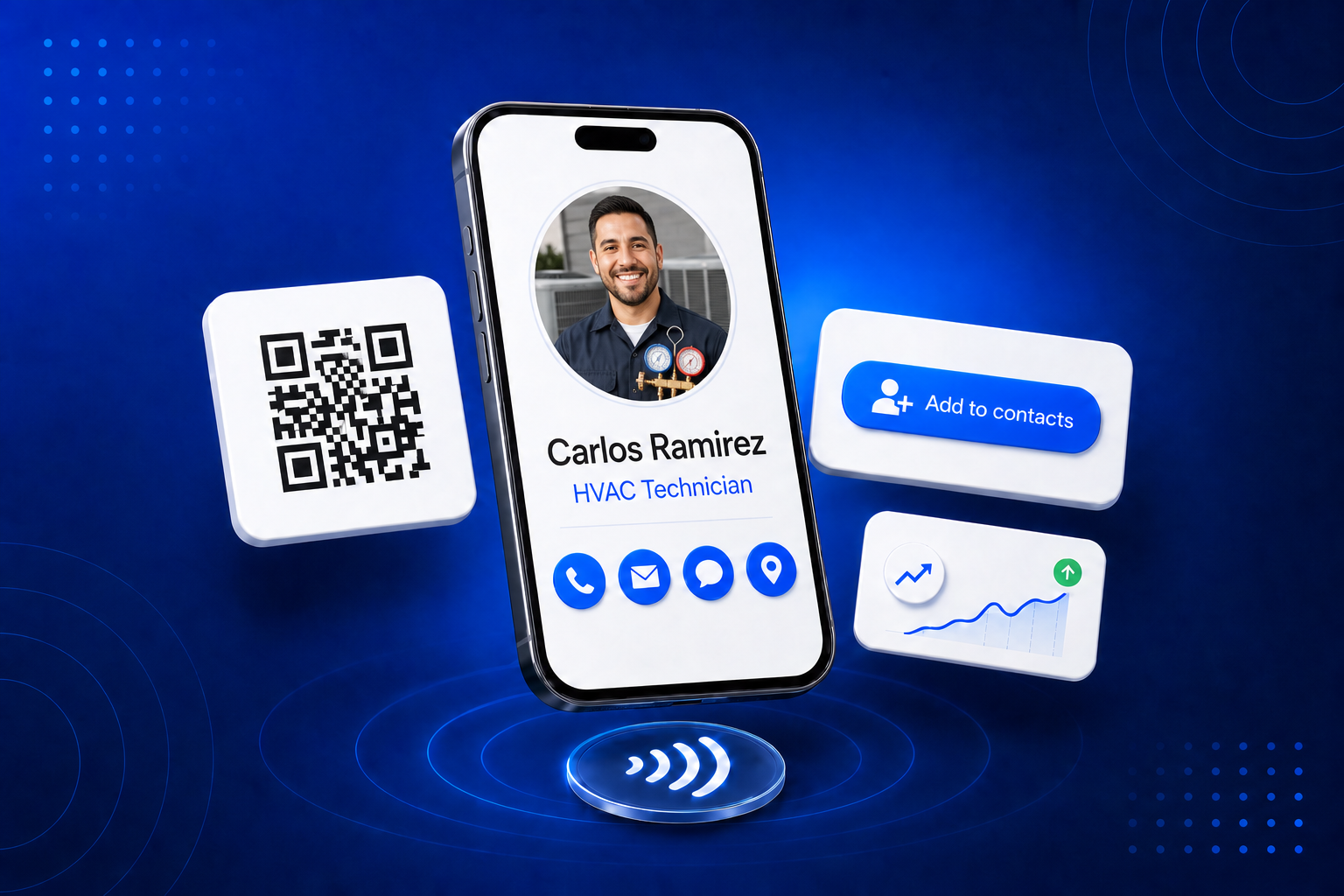 A digital business card for HVAC Technicians shown on a phone with contact details and a QR code