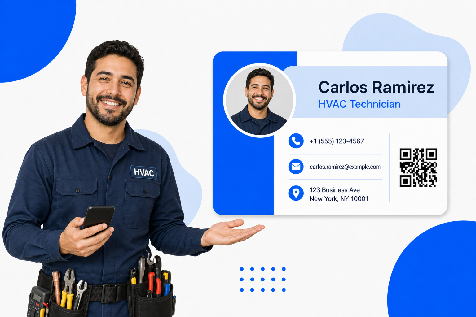 A HVAC Technicians sharing a digital business card from their phone