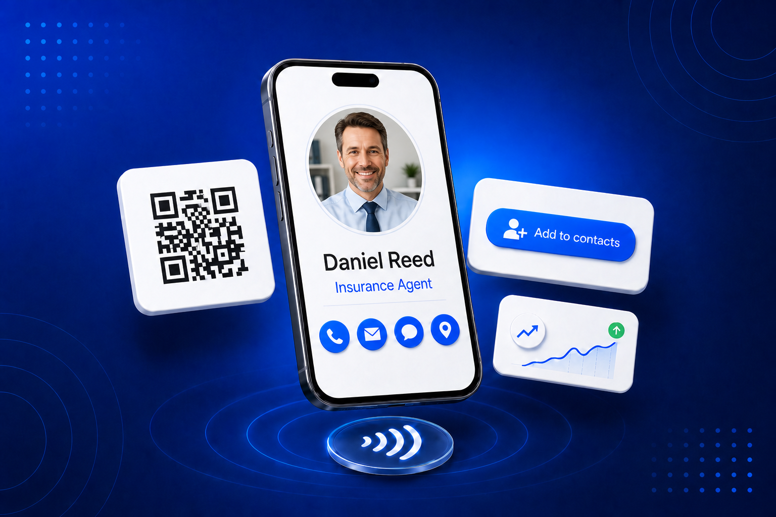 A digital business card for Insurance Agents shown on a phone with contact details and a QR code
