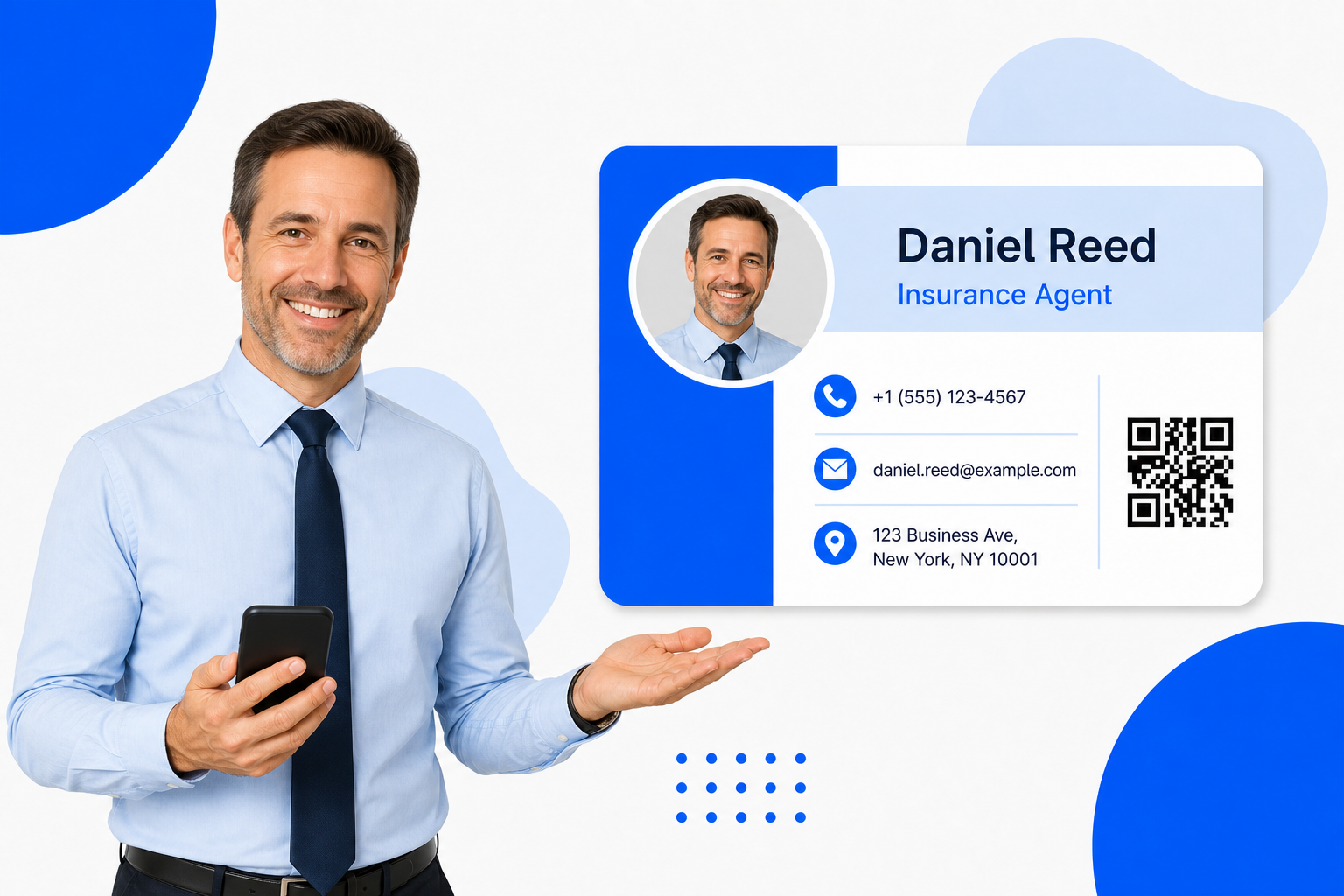 A Insurance Agents sharing a digital business card from their phone