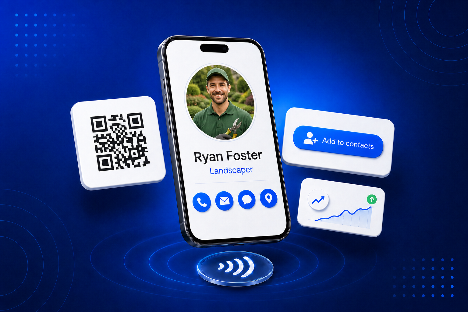 A digital business card for Landscapers shown on a phone with contact details and a QR code
