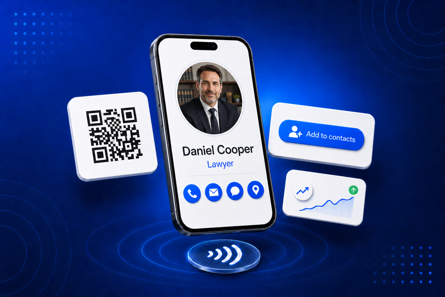 A digital business card for Lawyers shown on a phone with contact details and a QR code