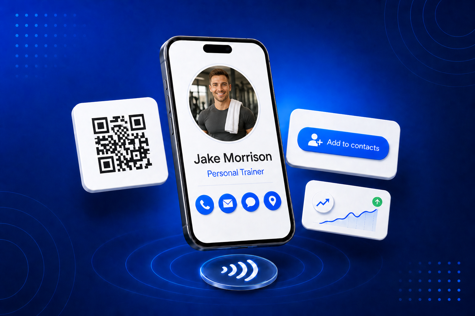 A digital business card for Personal Trainers shown on a phone with contact details and a QR code