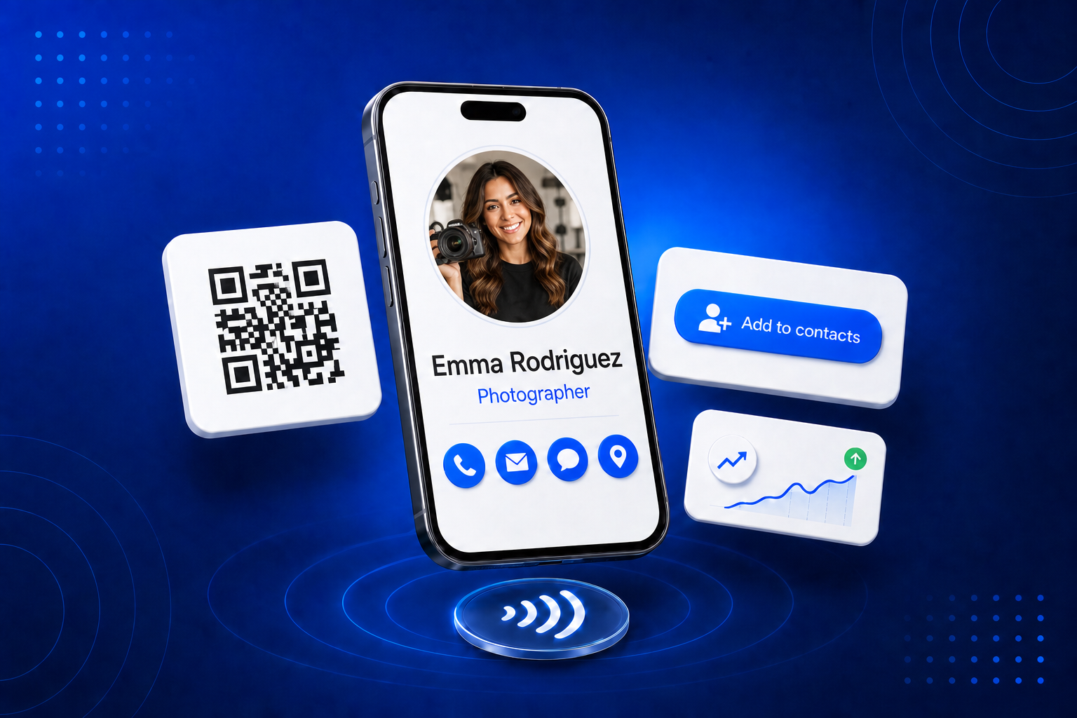 A digital business card for Photographers shown on a phone with contact details and a QR code