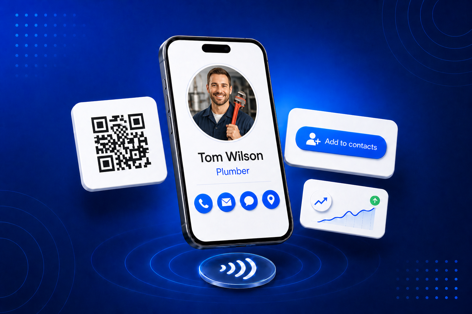 A digital business card for Plumbers shown on a phone with contact details and a QR code