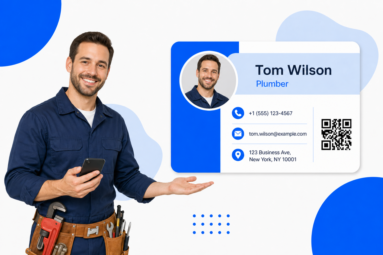 A Plumbers sharing a digital business card from their phone