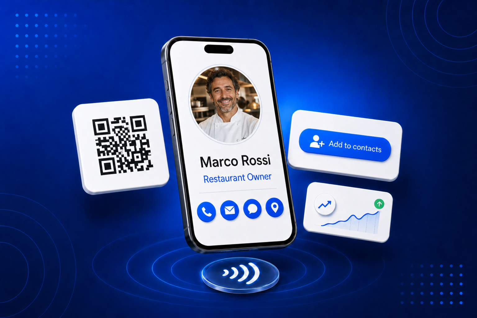 A digital business card for Restaurants shown on a phone with contact details and a QR code