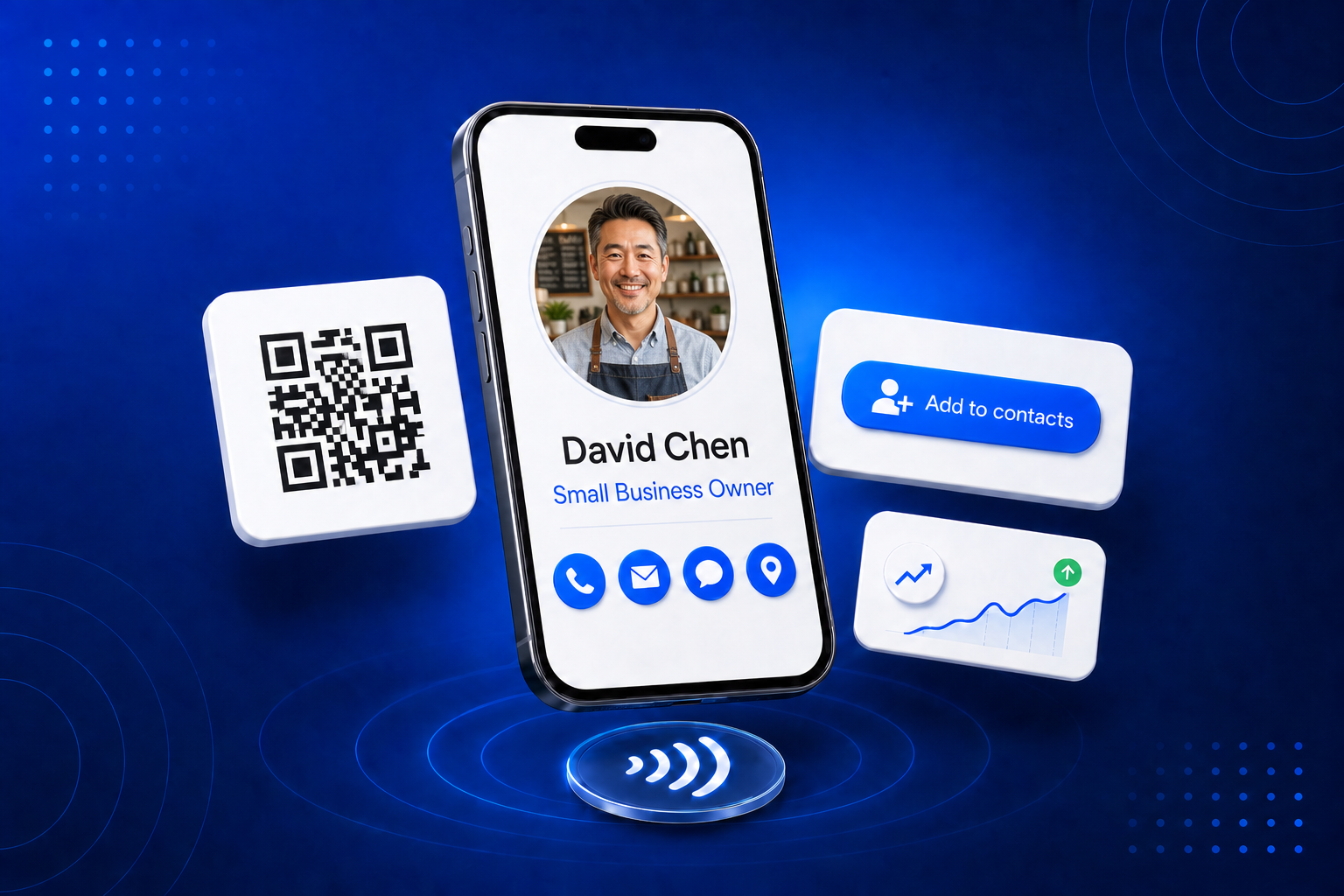 A digital business card for Small Business shown on a phone with contact details and a QR code