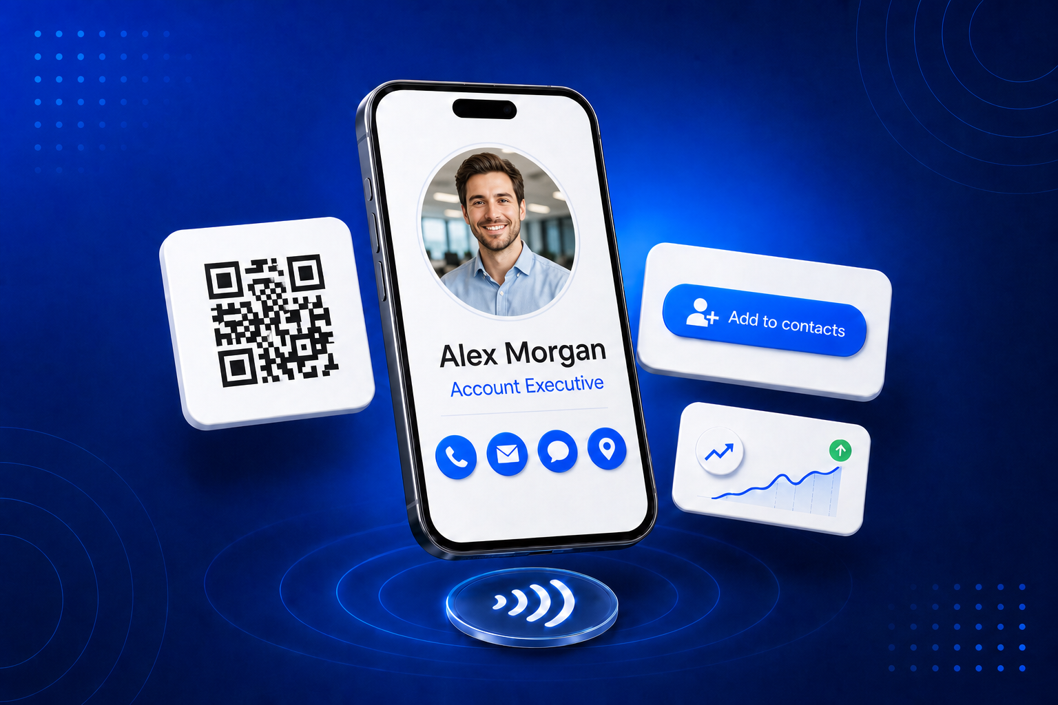 A digital business card for Teams shown on a phone with contact details and a QR code