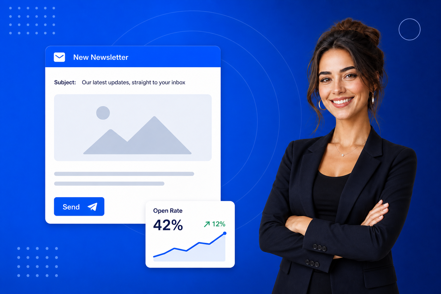 Email Marketing for Agencies shown on a phone with a newsletter, an automated sequence and open-rate stats
