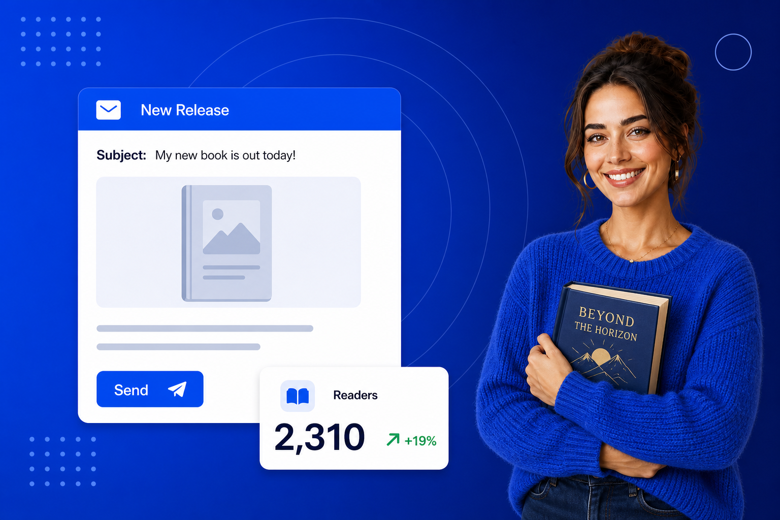 Email Marketing for Authors shown on a phone with a newsletter, an automated sequence and open-rate stats