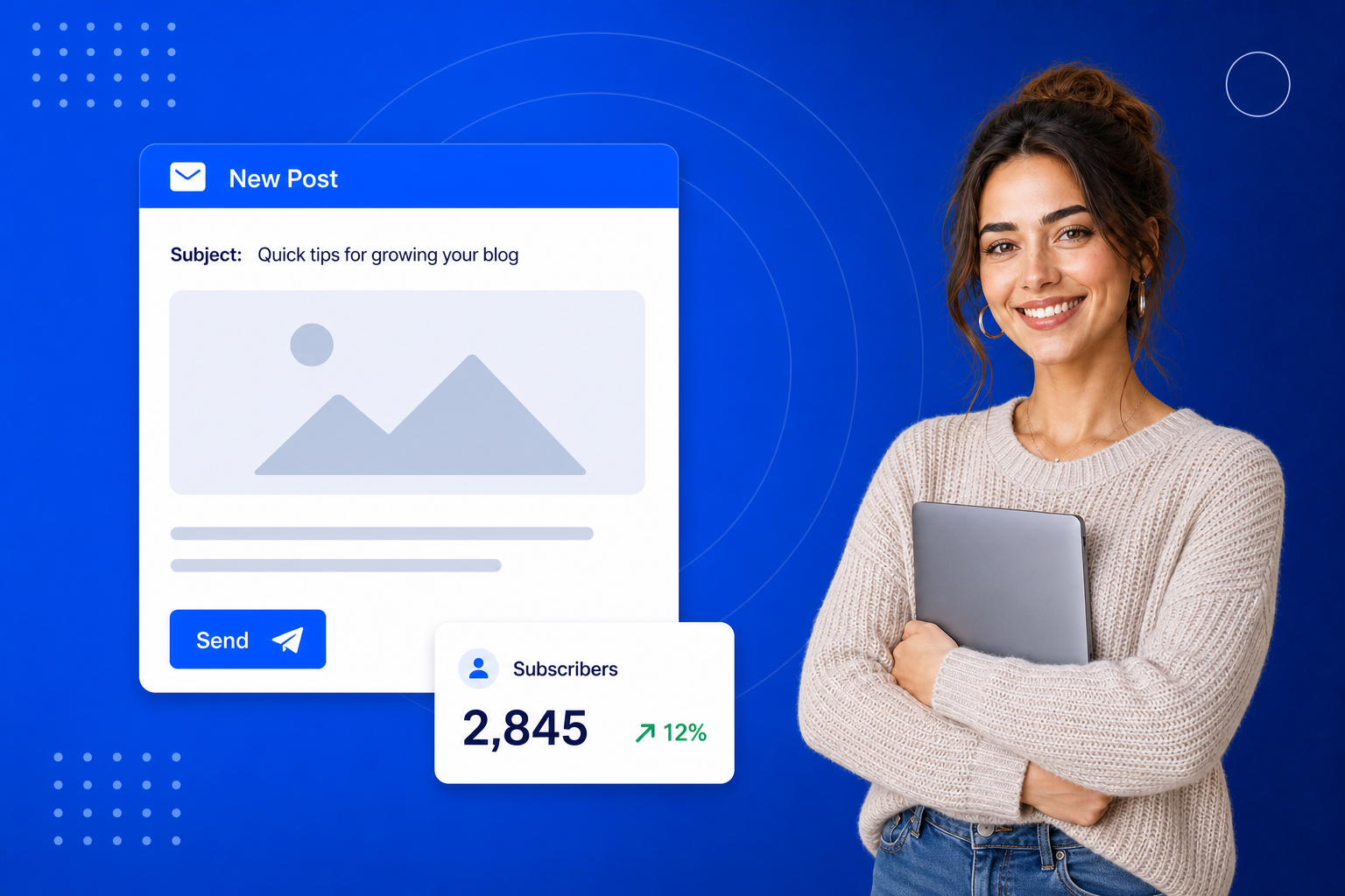 Email Marketing for Bloggers shown on a phone with a newsletter, an automated sequence and open-rate stats