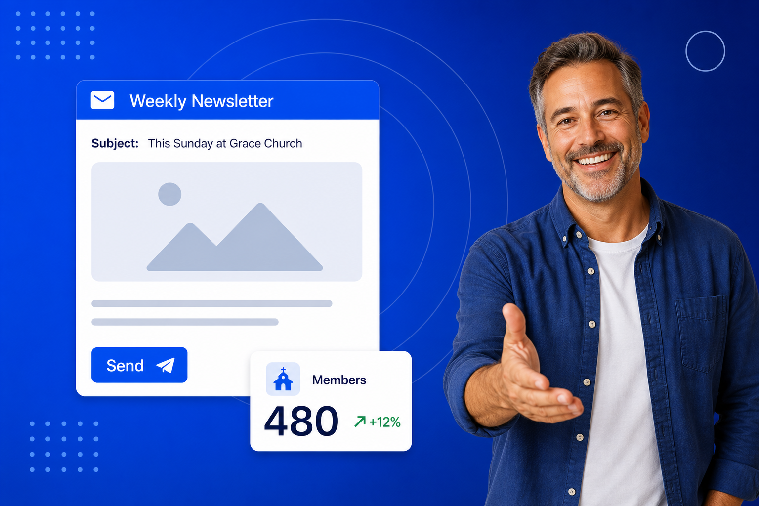Email Marketing for Churches shown on a phone with a newsletter, an automated sequence and open-rate stats
