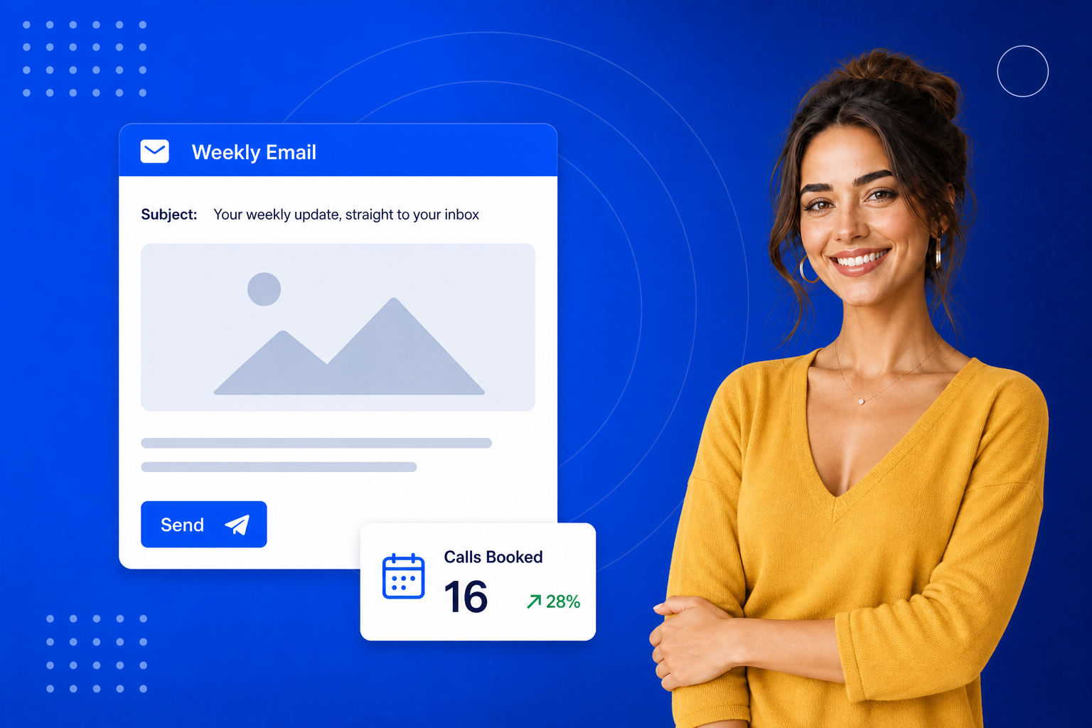 Email Marketing for Coaches shown on a phone with a newsletter, an automated sequence and open-rate stats