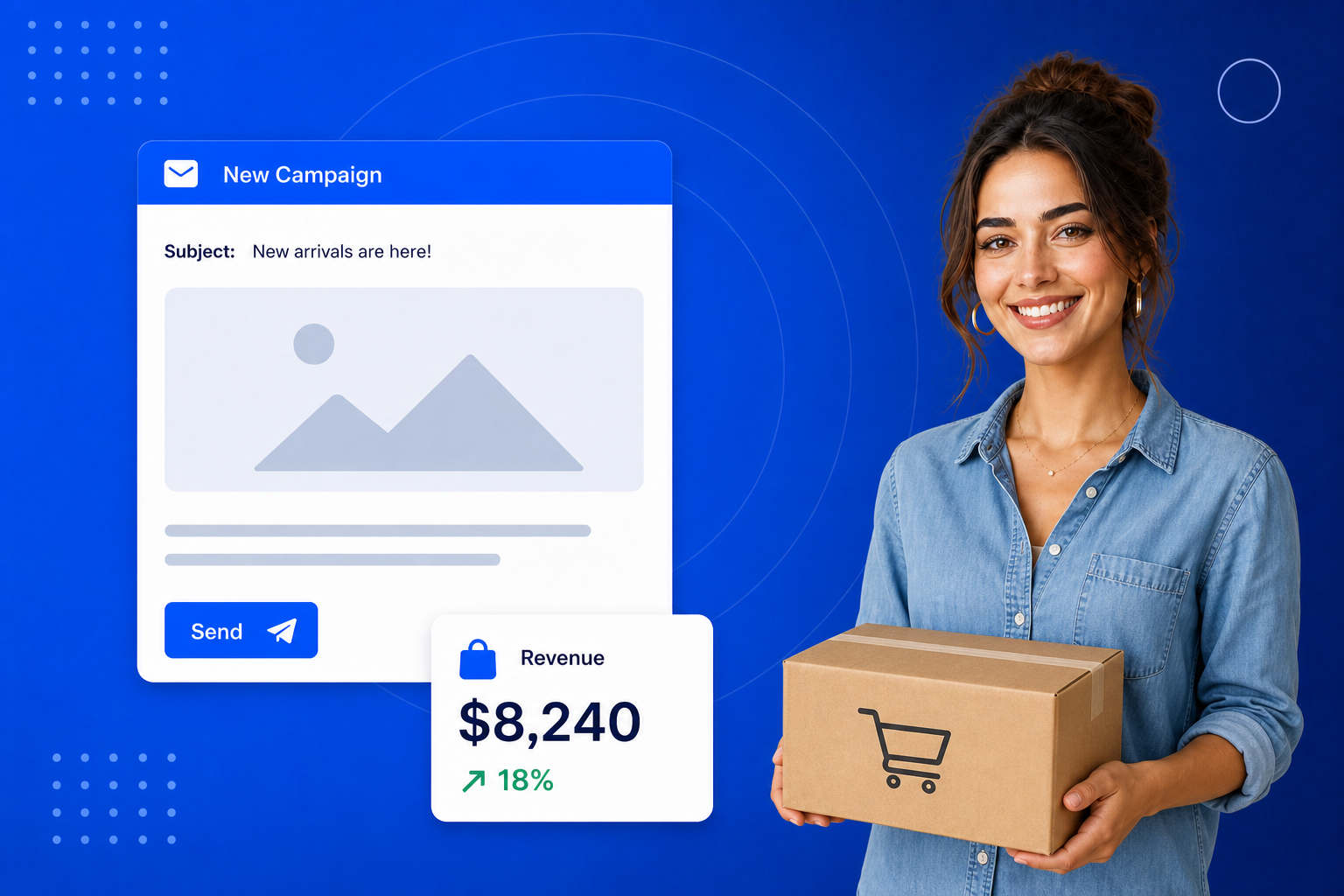 Email Marketing for Ecommerce shown on a phone with a newsletter, an automated sequence and open-rate stats