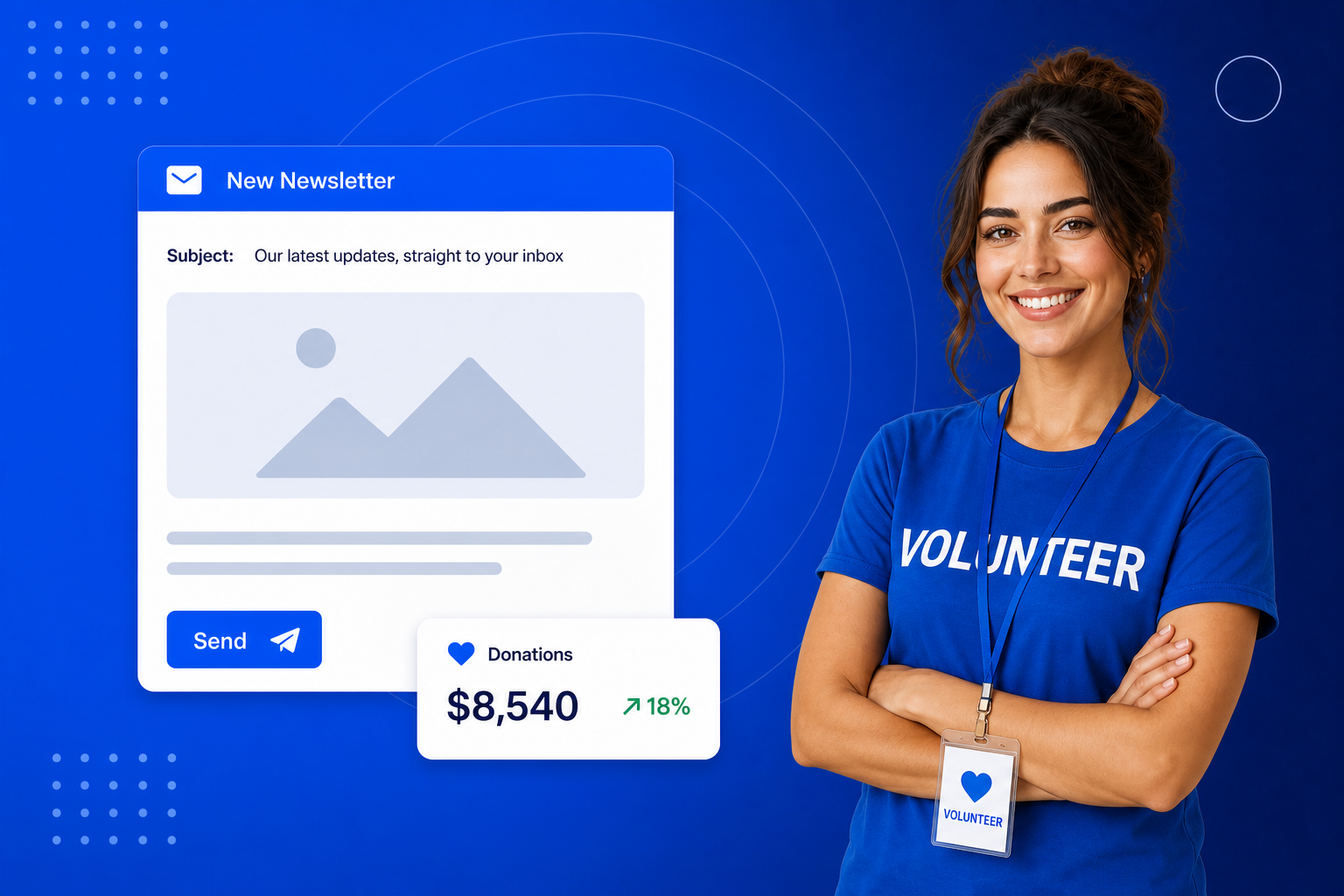 Email Marketing for Nonprofits shown on a phone with a newsletter, an automated sequence and open-rate stats