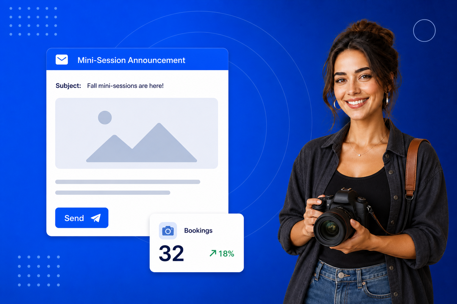 Email Marketing for Photographers shown on a phone with a newsletter, an automated sequence and open-rate stats