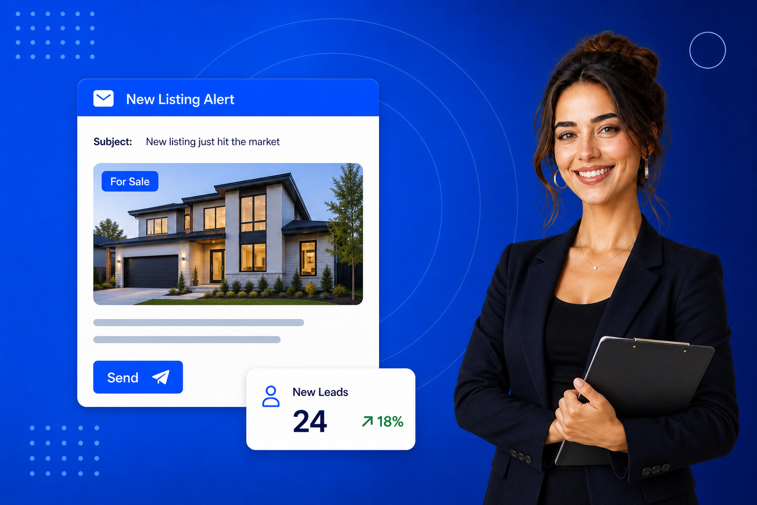 Email Marketing for Real Estate shown on a phone with a newsletter, an automated sequence and open-rate stats