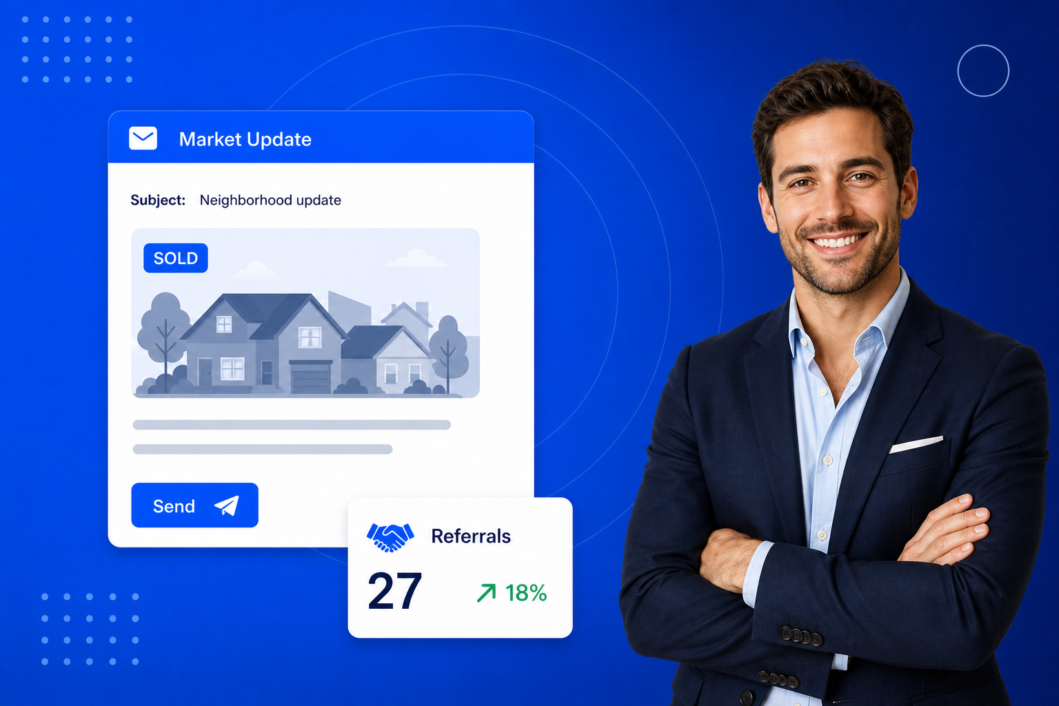 Email Marketing for Realtors shown on a phone with a newsletter, an automated sequence and open-rate stats