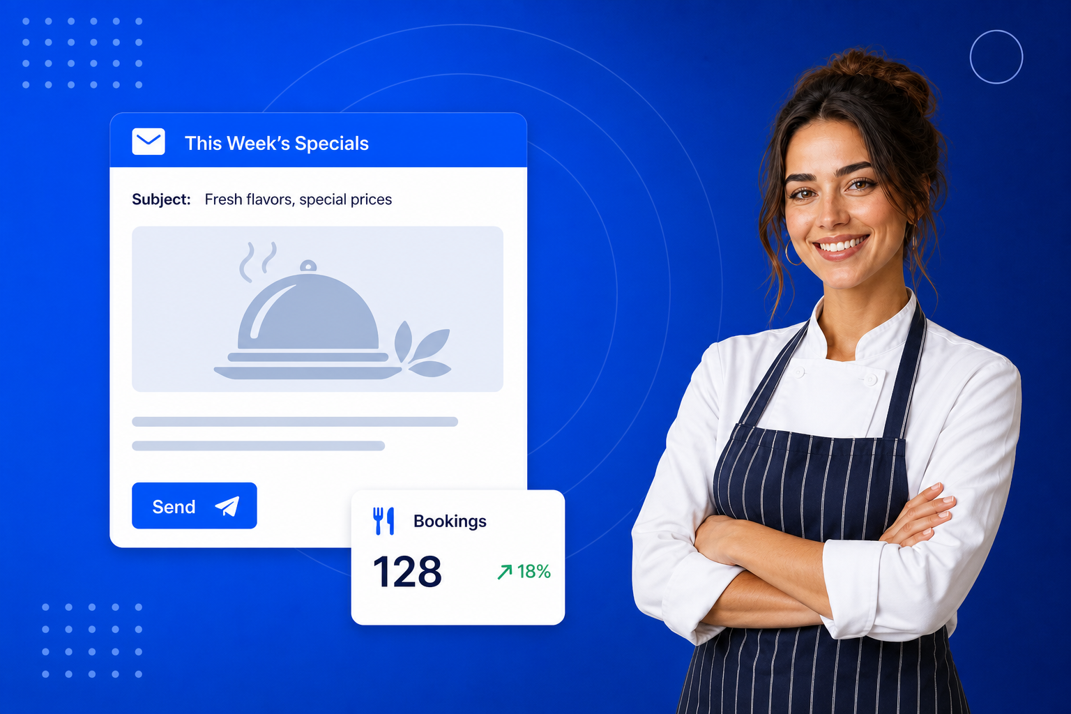 Email Marketing for Restaurants shown on a phone with a newsletter, an automated sequence and open-rate stats