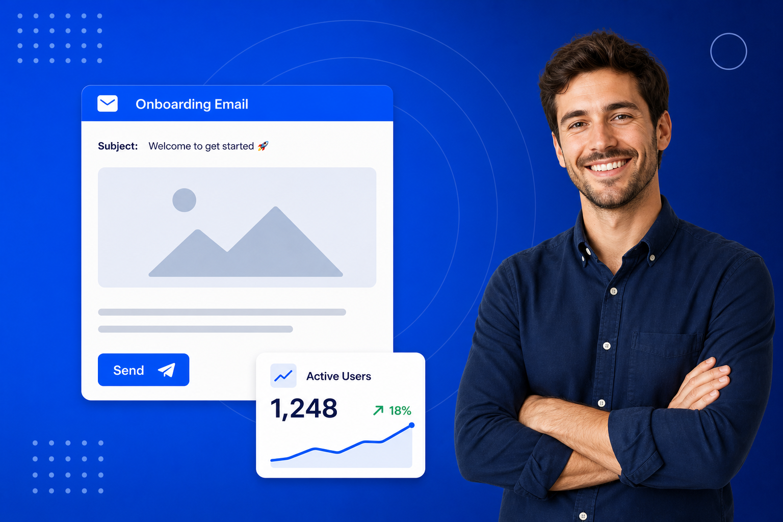 Email Marketing for SaaS shown on a phone with a newsletter, an automated sequence and open-rate stats