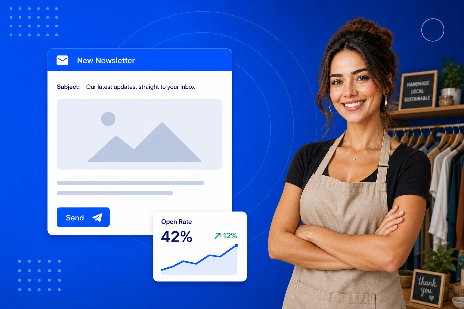 Email Marketing for Small Business shown on a phone with a newsletter, an automated sequence and open-rate stats